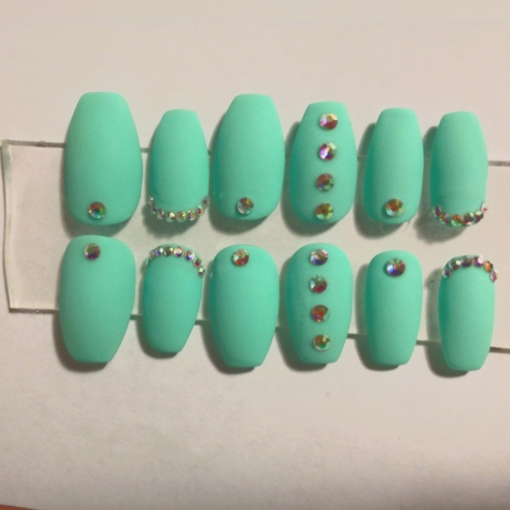 Gel Press on nails short coffin matte teal blue